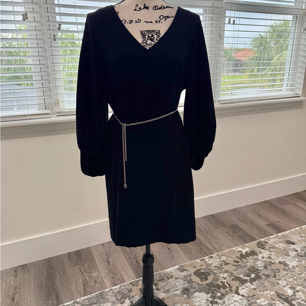 Karen Kane Blue Sheath Midi Dress with Bishop Sleeves